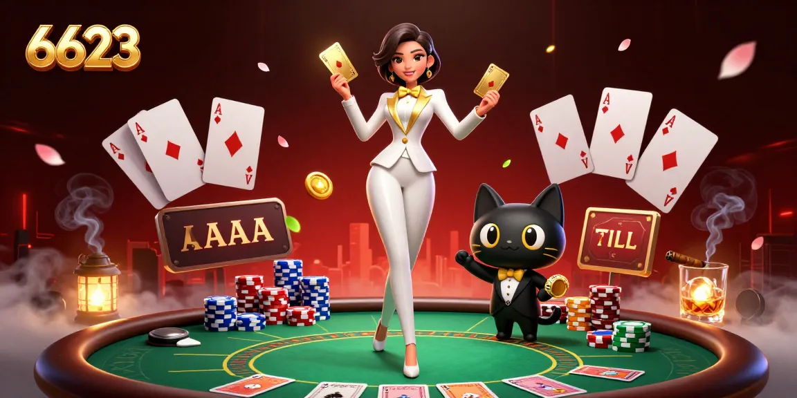 Experience thrilling gameplay at 6623, featuring poker action with a glamorous dealer and playful cat.