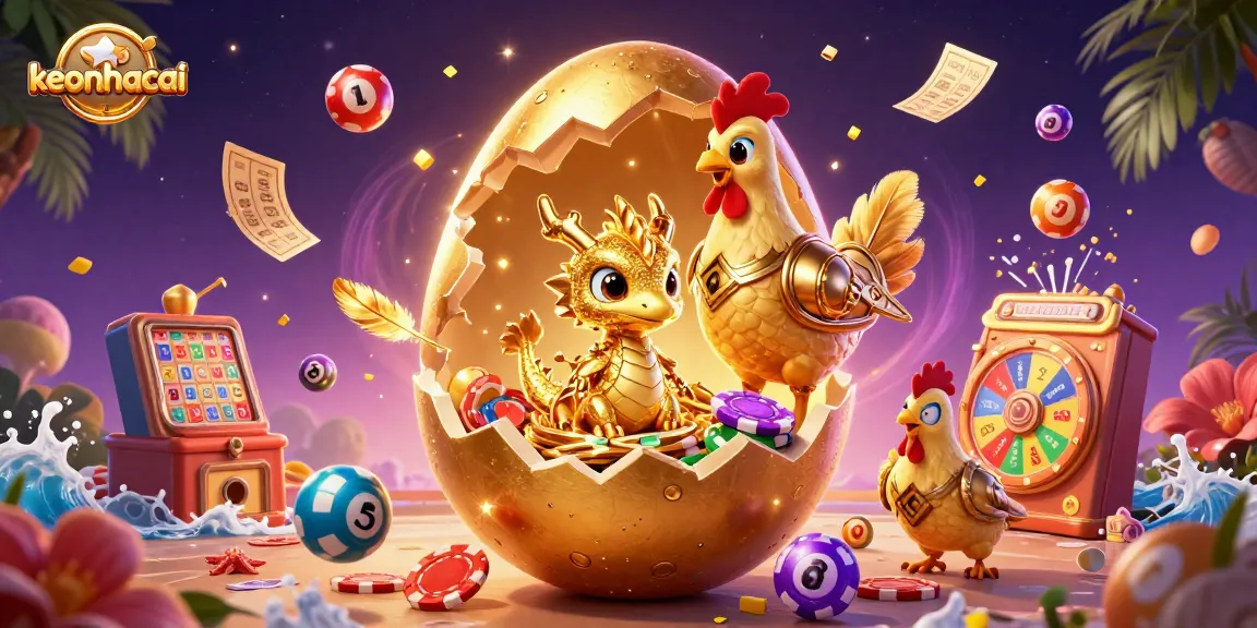 Experience the thrill of keonhacai with a dazzling golden baby dragon surrounded by vibrant gambling elements.