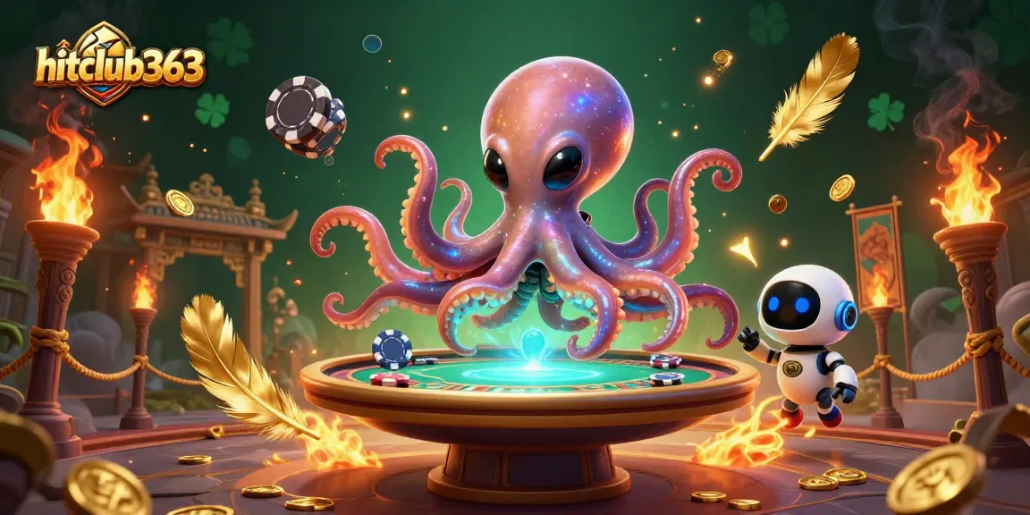 Experience excitement at hitclub363 with alien octopus gaming at a holographic poker table amidst cosmic elements.