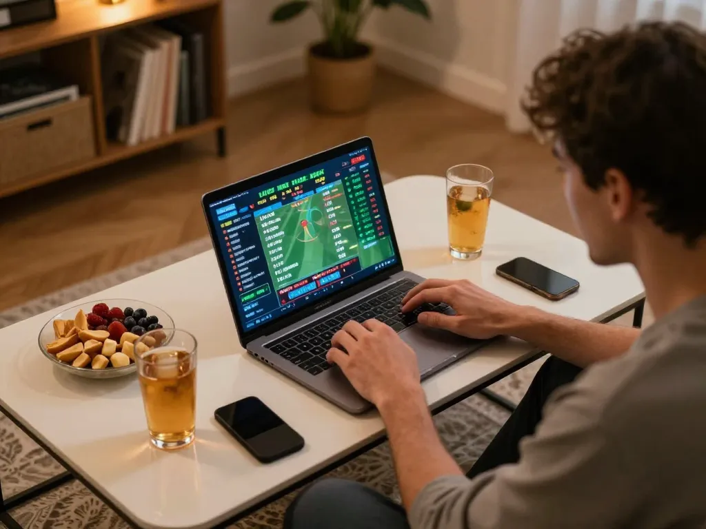 Person engaging with sports betting on 23Win laptop at home while strategizing bets