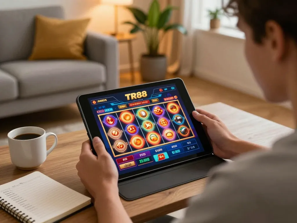 Person engages with the TR88 casino app on a tablet in a cozy home setting, showcasing online gaming.