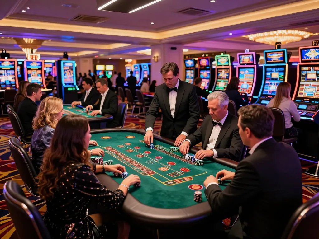 Engaging gaming experience at https://tx88at.com/ in a vibrant Las Vegas casino with players and blackjack tables.