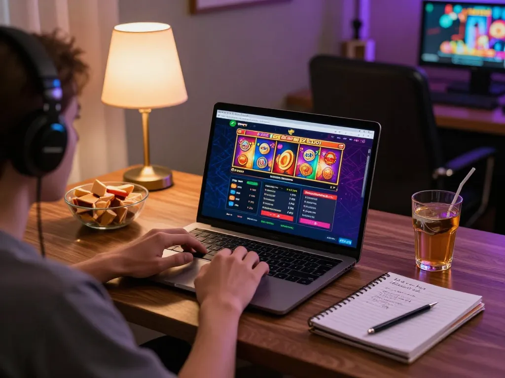 Engaging with 11bet platform on a laptop, showcasing a vibrant online casino gaming setup.