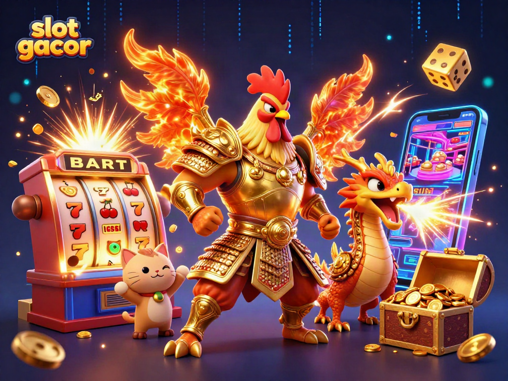 Play slot gacor with iconic characters in a vibrant, dynamic casino illustration full of energy.