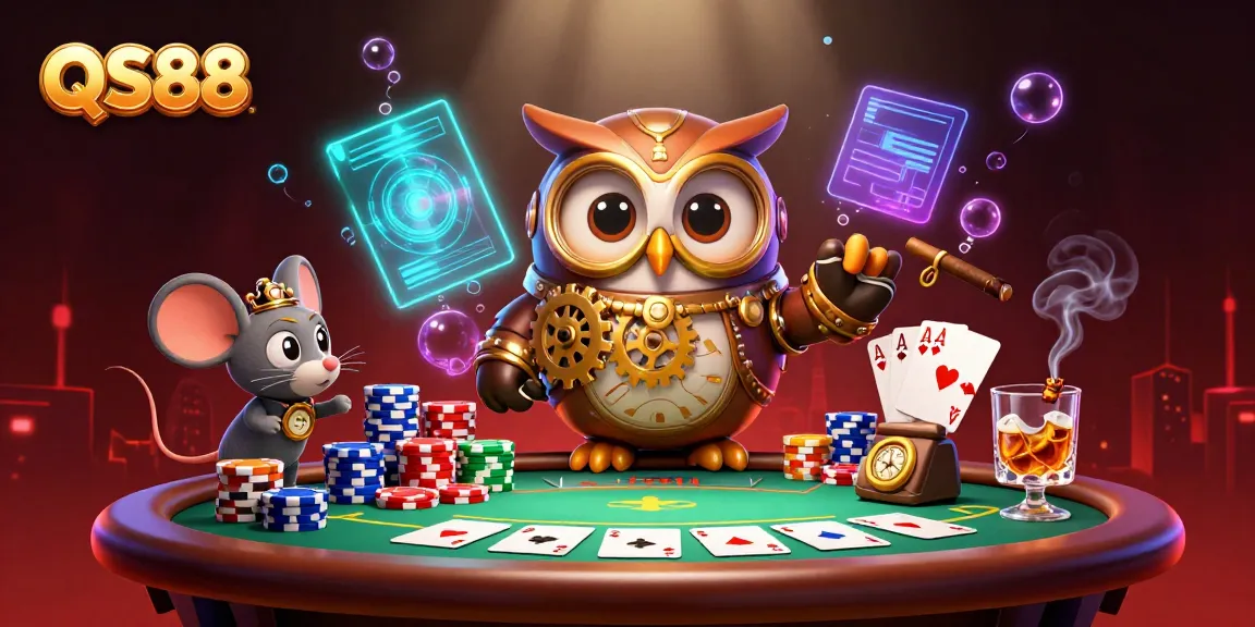 Engage with QS88's thrilling casino atmosphere featuring a time-traveler owl and poker elements.