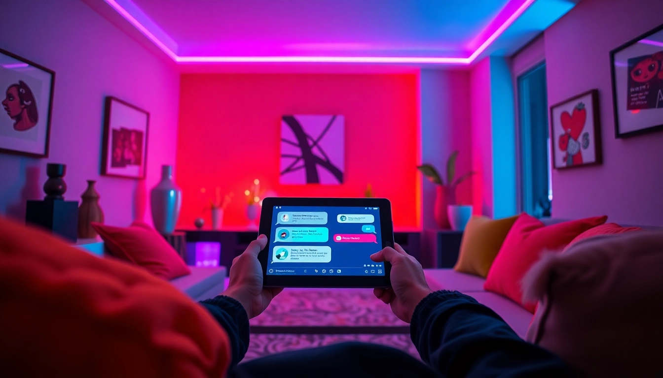 Engaging scene of user interacting with an nsfw chat bot in a vibrant, modern living space.
