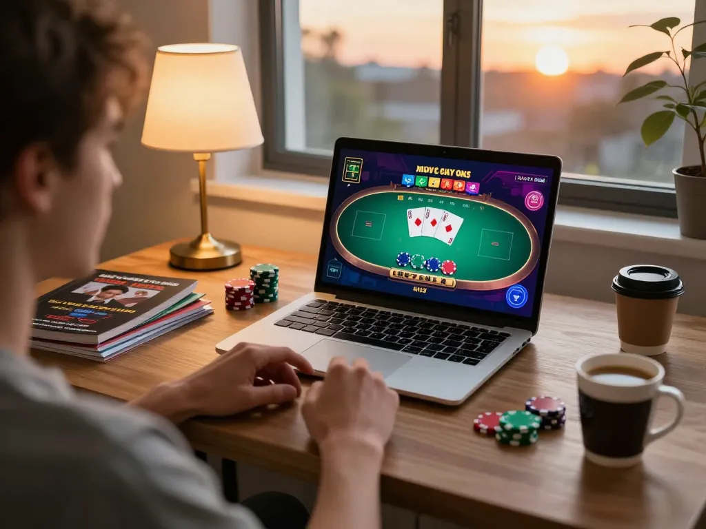 Player strategizing on bom88 during an exciting live poker game at home.