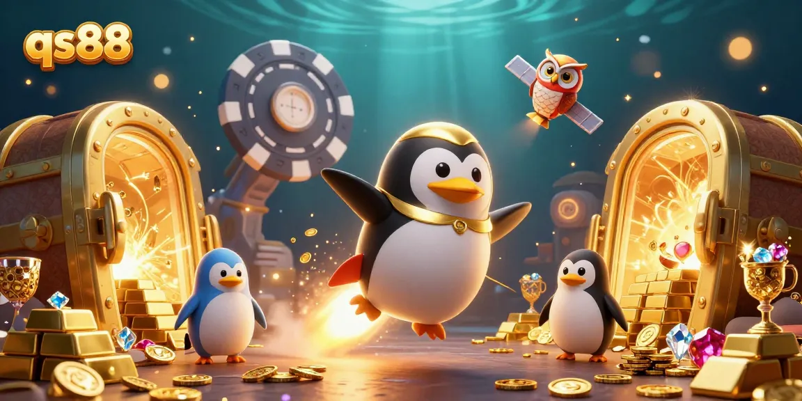 Experience thrilling wins with qs88 in this vibrant casino-themed 3D illustration.