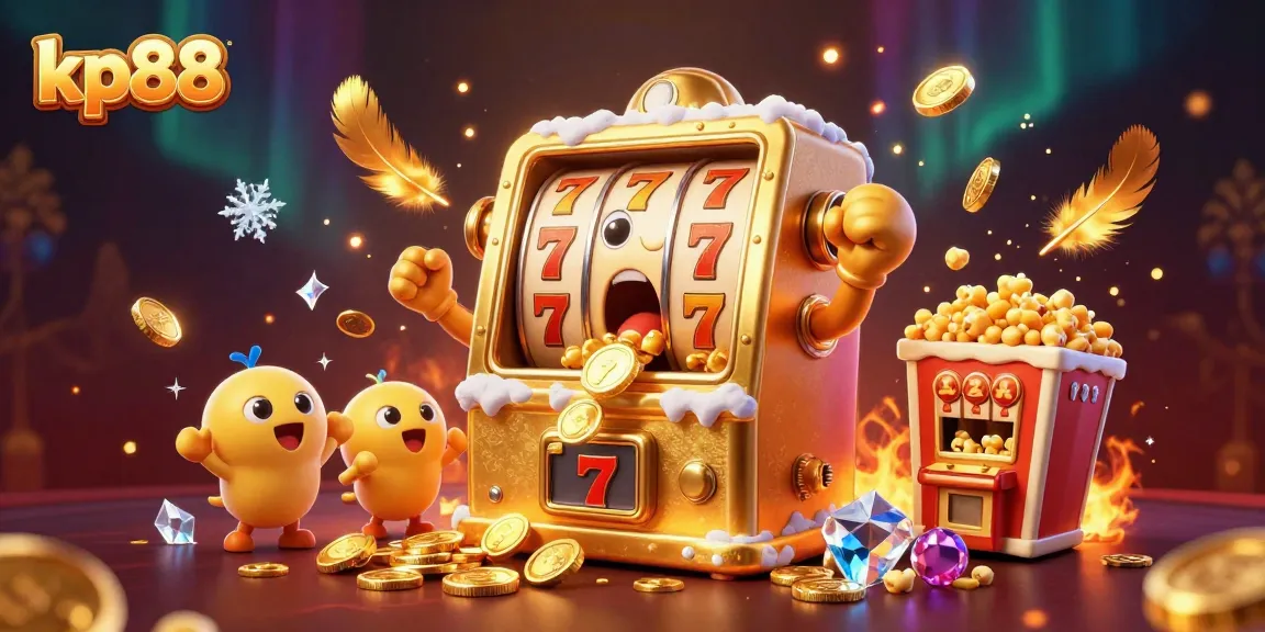 Win big at kp88 with a joyful golden slot machine basking in jackpot glory as coins cascade around!