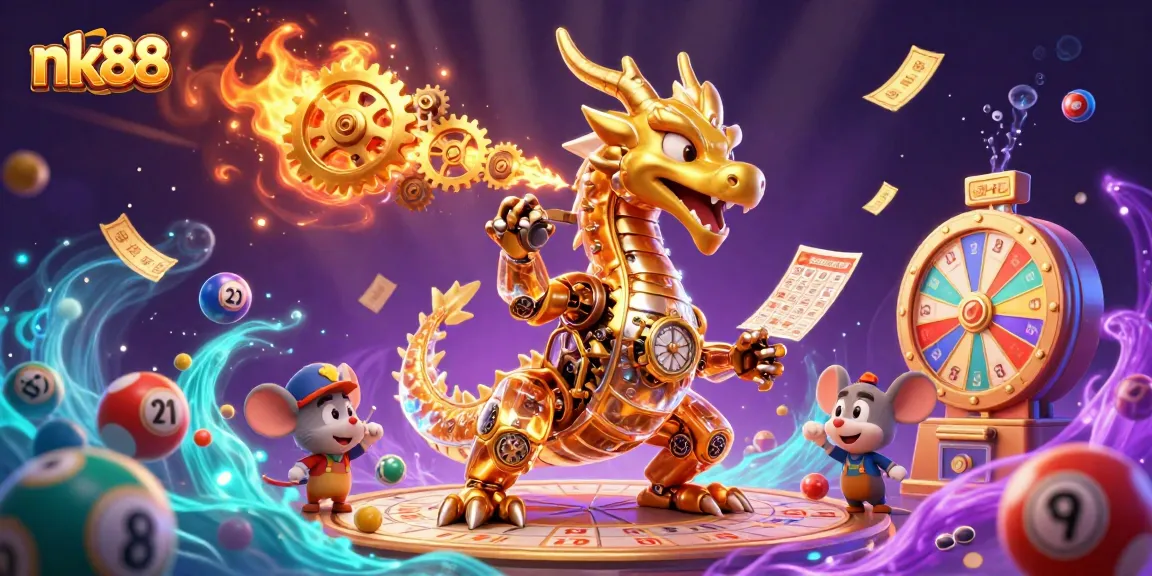 Engage with exciting lottery action on nk88 with bouncing colorful balls and a golden dragon.