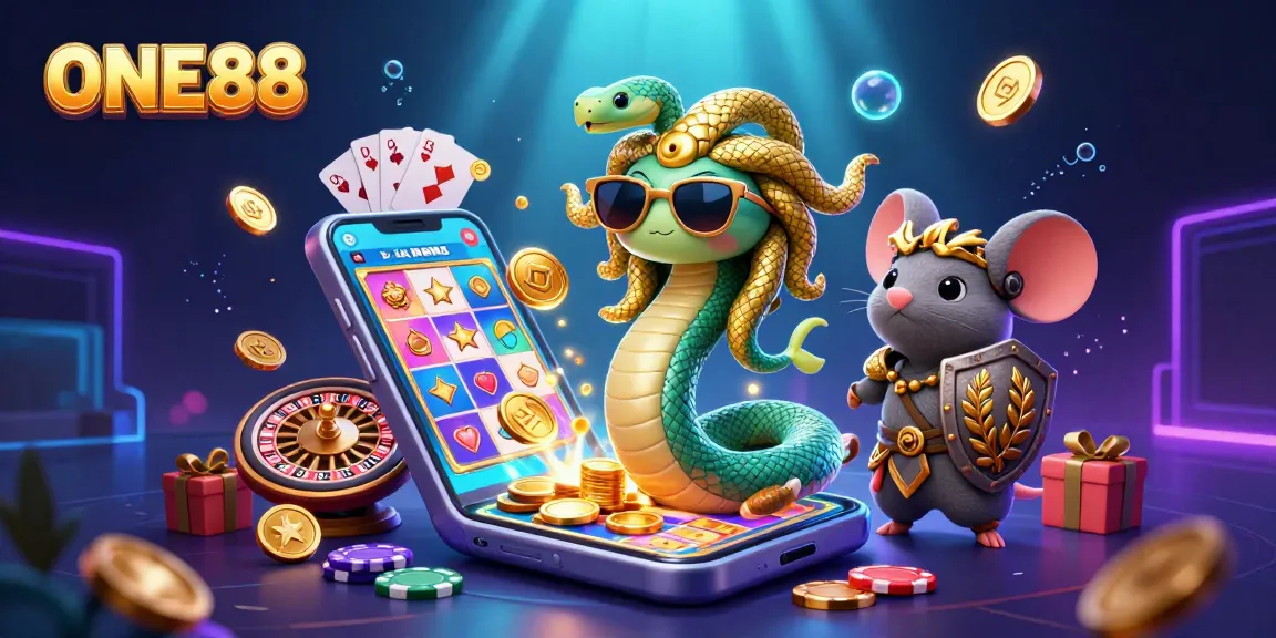 Experience the excitement of ONE88 with a vibrant, dynamic 3D casino scene filled with games and characters.