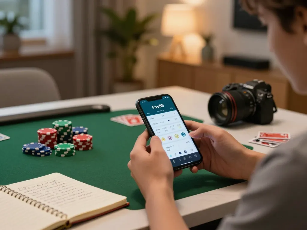 Tải app Five88 on a mobile phone while enjoying a home gaming setup with poker chips and strategies.