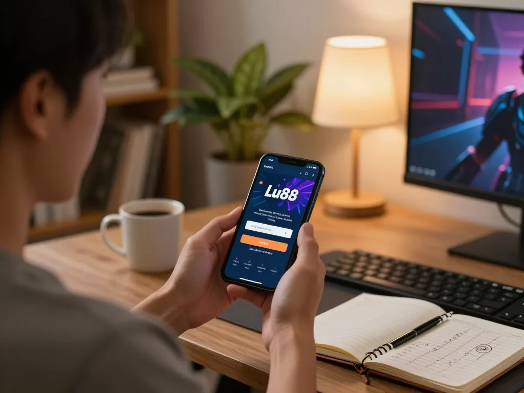 Login Lu88 for online betting on smartphone in cozy home gaming setup with strategic notes.
