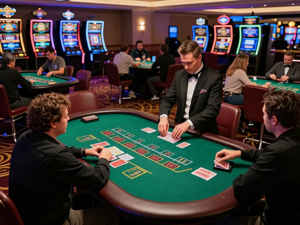 vin88 blackjack table with players engaged, dealer shuffling cards in a luxurious casino