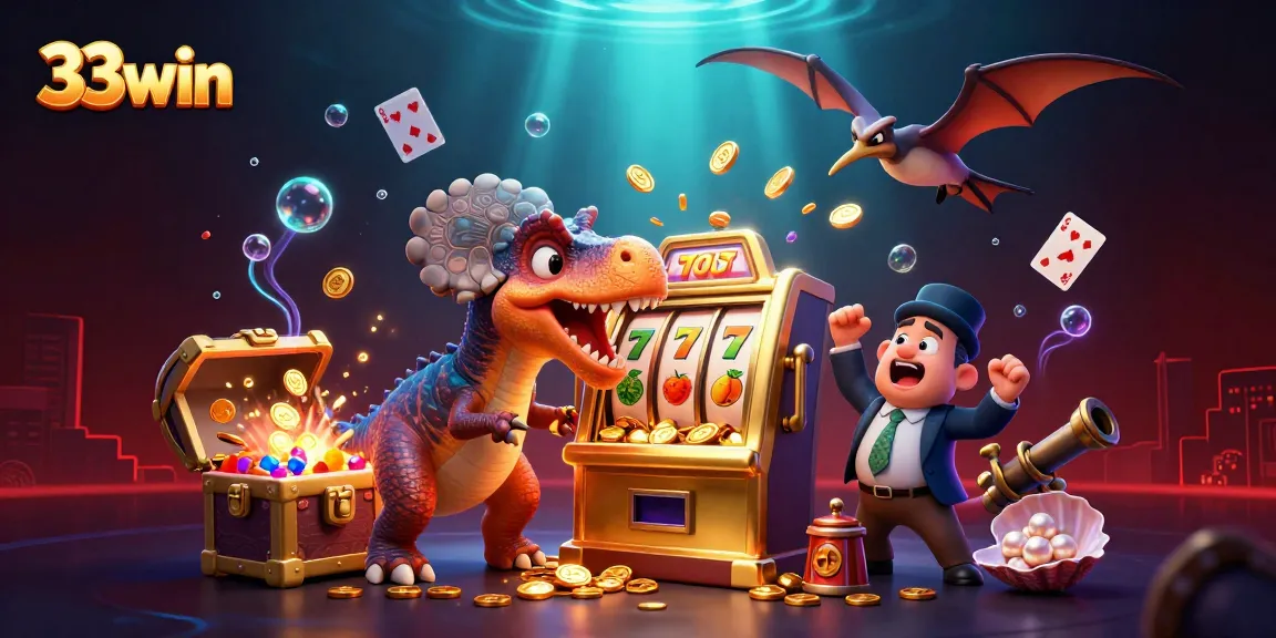 33win slots and jackpot action with cartoon dinosaurs and colorful casino elements