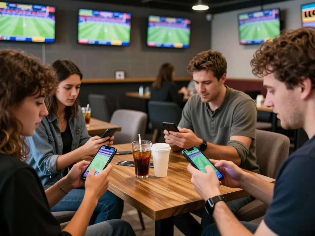 Engaging scene of sports betting, showcasing kèo nhà cái trực tiếp on smartphones amid live game excitement.
