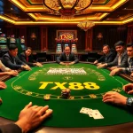Engage in thrilling casino action with TX88-themed poker gameplay at a lavish table.