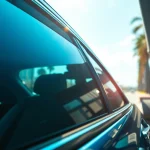 See vibrant reflections of auto window tint near me on a stylish vehicle in sunlit city surroundings.