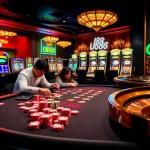 High-stakes poker action at a luxurious U88 casino featuring vibrant lights and elegant décor.