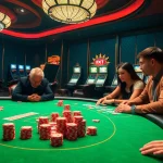 Players enjoying an exciting game of poker at ku88 casino, surrounded by vibrant slot machines.