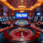 Experience the thrill of gambling at VN789 with a luxurious casino scene featuring a roulette wheel and enthusiastic players.