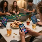 Player engaged in TG88 casino app on smartphone, surrounded by snacks and drinks in cozy home setting