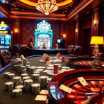 Players strategizing at a luxurious casino table featuring Home JL111 elements and vibrant gambling visuals.