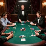 Engaged poker game at 98win casino with focused players and colorful chips on the table