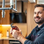 Expert plumber north shore installing pipes in a modern kitchen with warm ambiance.