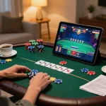 Engaging in online gaming at home with Đăng ký Da88 showing vibrant poker setup and cozy atmosphere