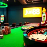 Experience the thrill of winning at Jun88's exciting online casino games with vibrant tables and gleaming slot machines.