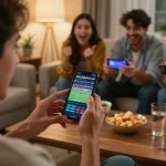 Betting excitement on https://9bet9.in.net with smartphone in a lively living room setup
