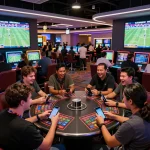 rr88 gratis betting excitement with friends in a vibrant sports casino setting