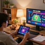 Engaging with Nhà Cái RR88 online gaming interface from a cozy home setup, showcasing strategic betting.