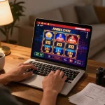 Engaged player at nhà cái bet88 placing bets on online slots, showcasing vibrant gameplay interface and personal gaming setup.