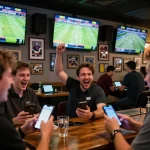 TIP88 betting action with fans cheering for their teams at a lively sports bar