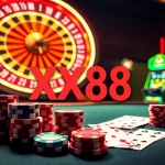 Play exhilarating casino games at XX88 with vibrant chips and illuminated slot machines.