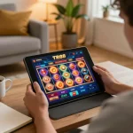 Person engages with the TR88 casino app on a tablet in a cozy home setting, showcasing online gaming.