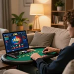 LC88 player engaging in online casino game from the comfort of home sofa