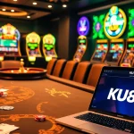 Experience the thrill of Đăng ký Ku88 in a luxurious casino with vibrant gaming elements.