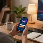 Login Lu88 for online betting on smartphone in cozy home gaming setup with strategic notes.