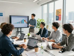Collaborative team meeting at fabetbiz.com showcasing innovative strategies in a modern office.