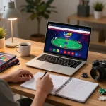 Player enjoying an online gaming session with Lu88, analyzing poker strategies and betting notes.