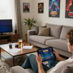 Engaged player on XOCDIA88 enjoying online poker game on tablet in a cozy living room.