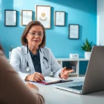 Telehealth doctor for prescriptions providing virtual consultation in a contemporary home office.