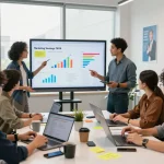 Engaging marketing strategy meeting with team analyzing data and insights for https://7mvna.com/ in a vibrant workspace.