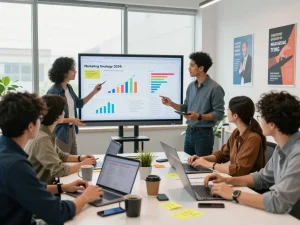 Engaging marketing strategy meeting with team analyzing data and insights for https://7mvna.com/ in a vibrant workspace.