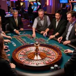 Players engaging in an exciting roulette game at a casino with colorful chips and intense focus on vb88 bets.