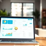 Visualize supply chain management software tools being utilized on a laptop in a contemporary workspace.