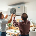 Technician installing a Daikin mini split AC in a stylish living room setting.